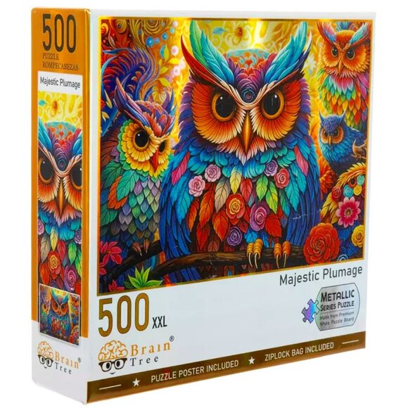 BrainTree Other - Owls Metallic Puzzle 500 Pieces 27.5" x 19.5" Majestic Plumage Premium Board